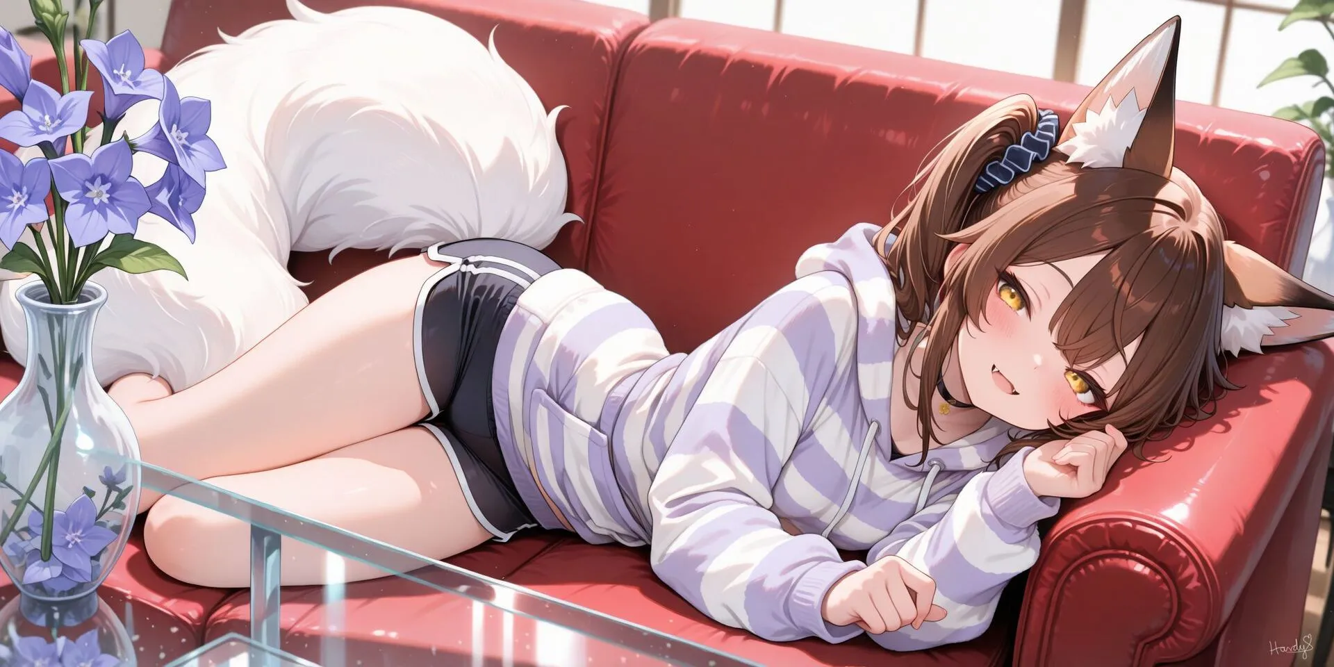 Lumina, the anime fox girl is lying on her side on the wine red couch. She is wearing a purple and white striped hoodie and short jogging pants.