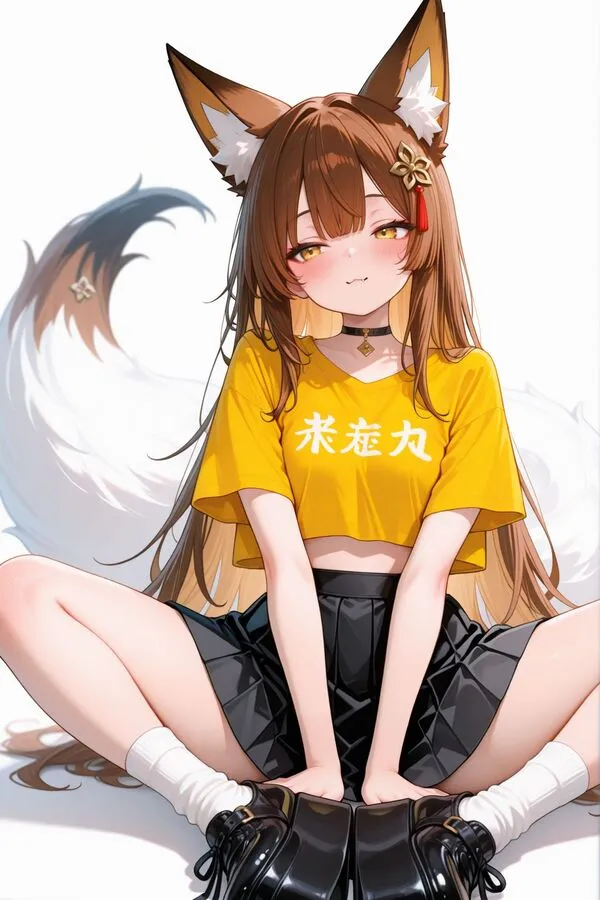 Lumina, the anime fox girl is sitting in butterfly position.