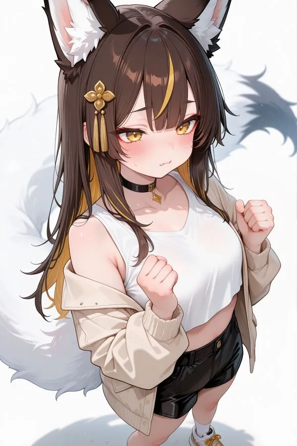 Lumina, the anime fox girl is clenching her hands, forming fists.