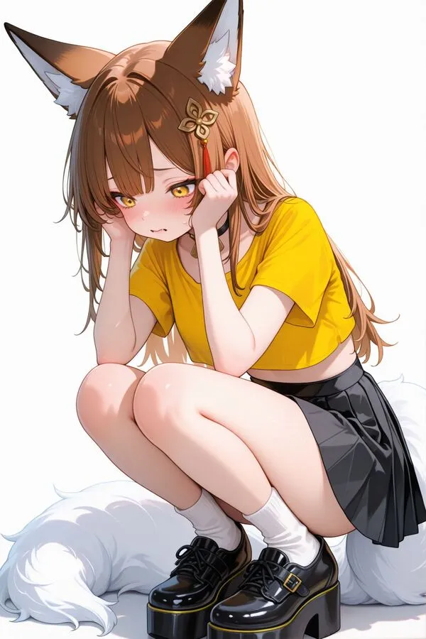 Lumina, the anime fox girl is cowering in fear, crouching and covering her head with both hands.