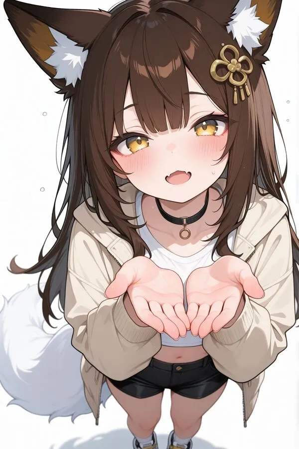 Lumina, the anime fox girl is reaching forming a cup with her hands.