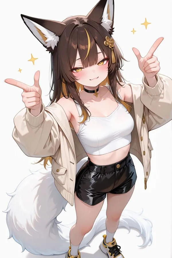 Lumina, the anime fox girl is forming a finger gun with both hands.