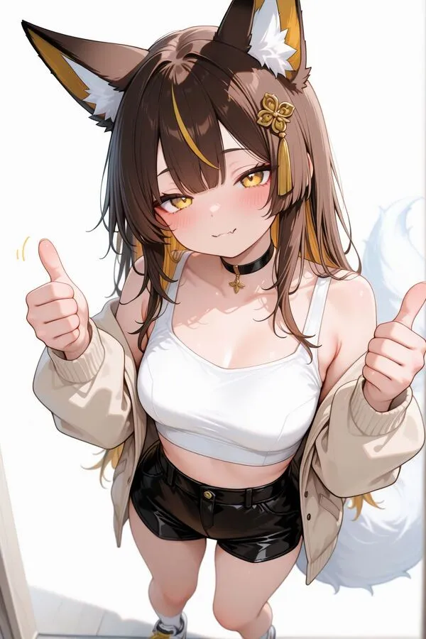 Lumina, the anime fox girl is gives a thumbs up with both hands.