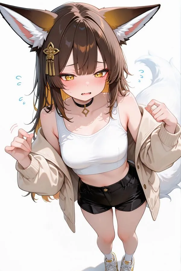Lumina, the anime fox girl is fidgeting, with a nervous expression on her face.