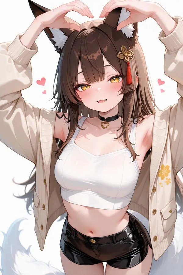 Lumina, the anime fox girl is forming a heart with her arms.