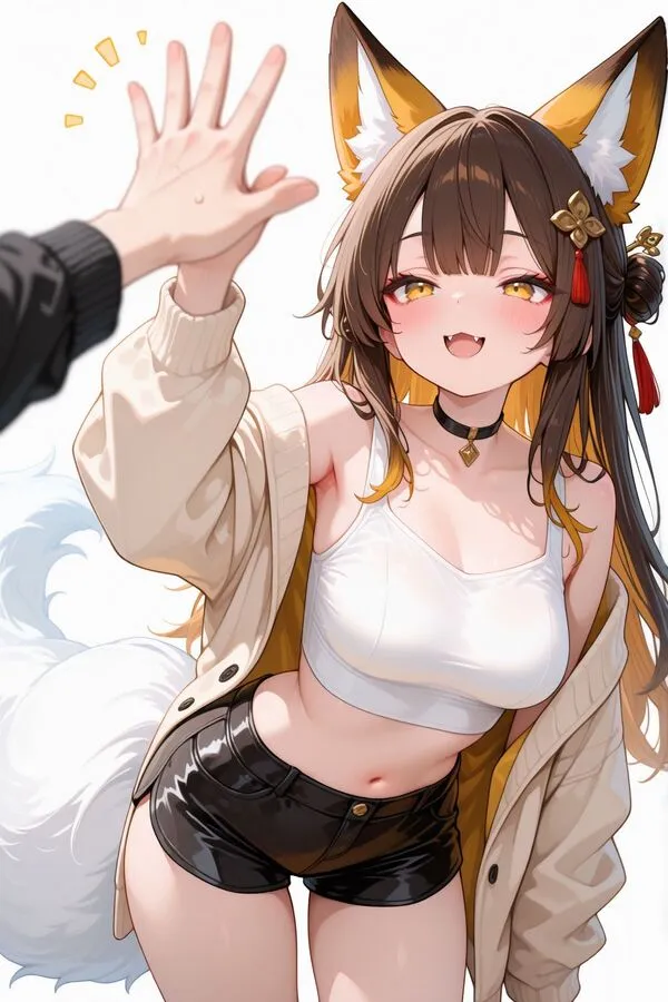 Lumina, the anime fox girl is high fiving someone else.