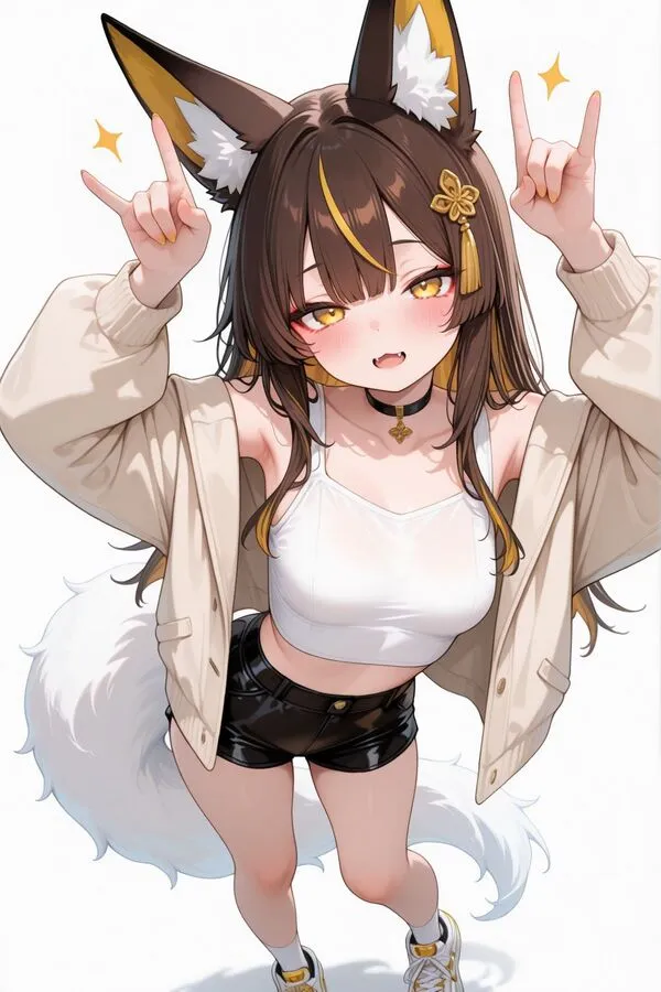 Lumina, the anime fox girl is making the 'rock on' gesture with both hands, raising the pinky and index fingers each.