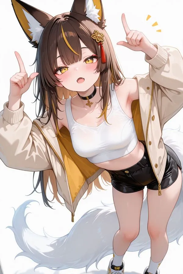 Lumina, the anime fox girl is forming horns with her index fingers raised near her head.