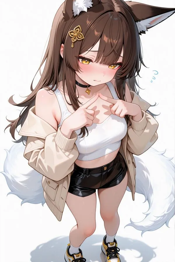 Lumina, the anime fox girl is acting shy, putting her index fingers together.