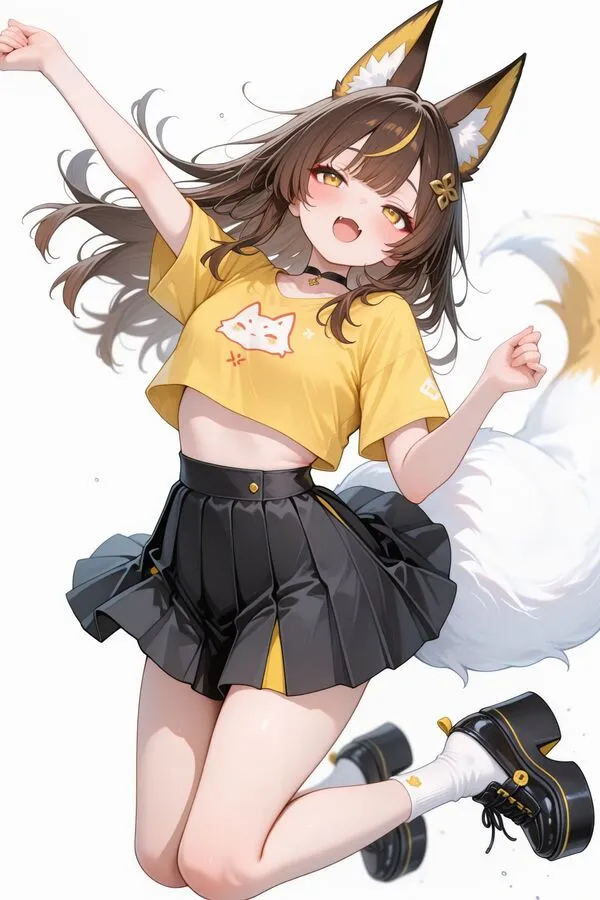 Lumina, the anime fox girl is jumping.