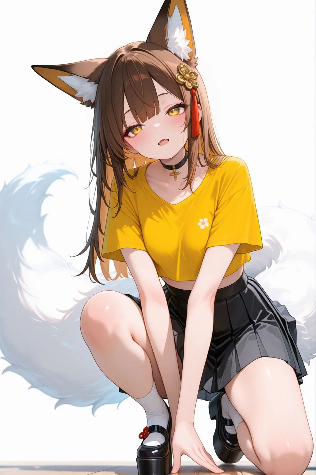 Lumina, the anime fox girl is kneeling on one knee.