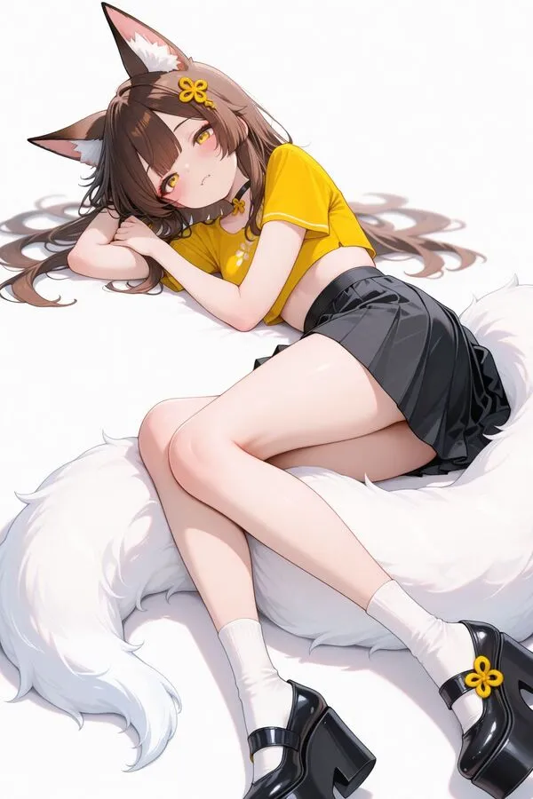 Lumina, the anime fox girl is lying on the floor.