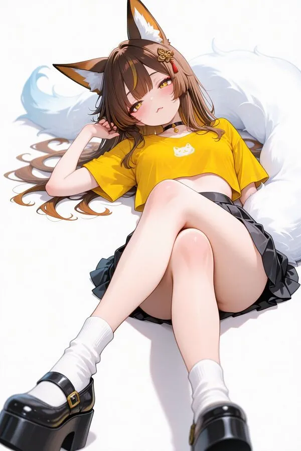 Lumina, the anime fox girl is lying on her back with her legs crossed.