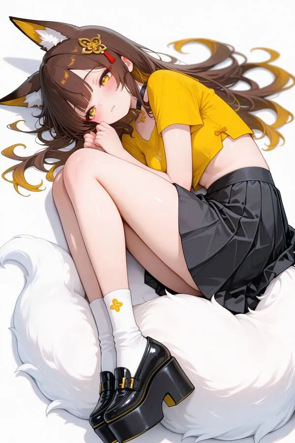 Lumina, the anime fox girl is lying in fetal position, on her side and pulling the knees close to her face.