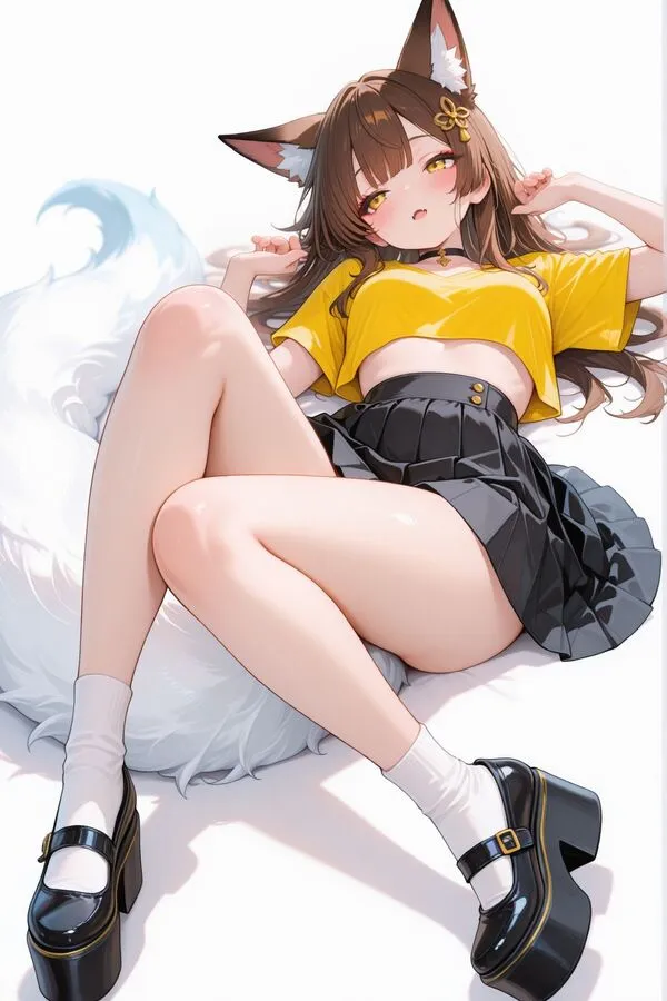 Lumina, the anime fox girl is lying on her back.
