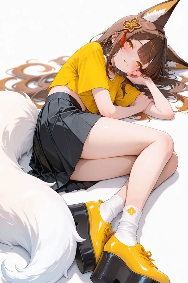 Lumina, the anime fox girl is lying on her side.
