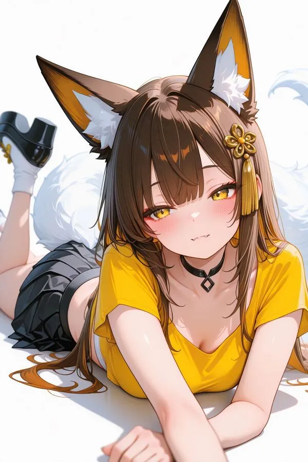 Lumina, the anime fox girl is lying on her stomach, also known as prone position.