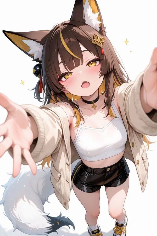 Lumina, the anime fox girl is reaching towards the viewer with outstretched arms.