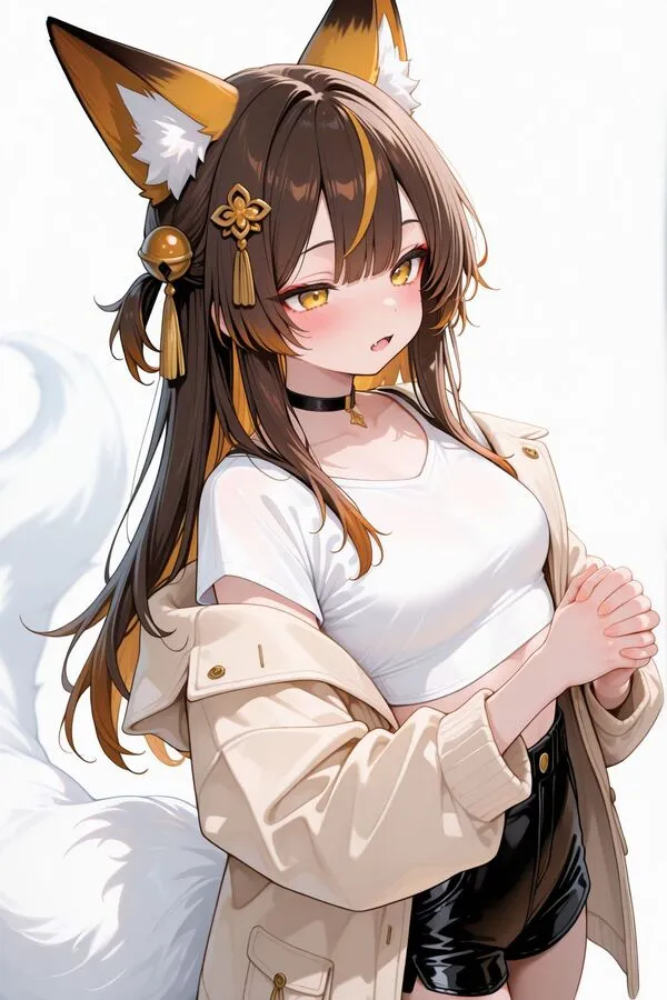 Lumina, the anime fox girl is clasping her hands, her fingers interlocked.