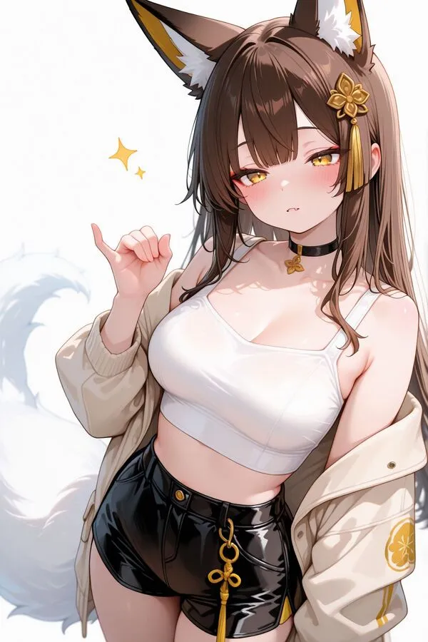Lumina, the anime fox girl is holding out her pinky to perform a pinky swear.