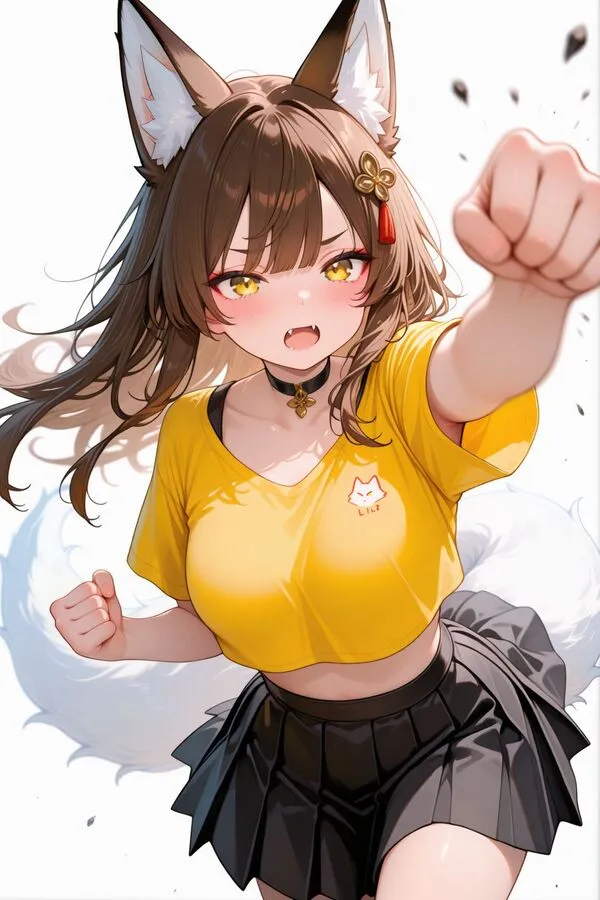 Lumina, the anime fox girl is punching the air.