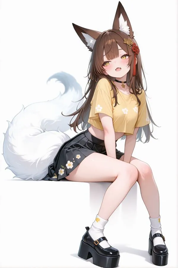 Lumina, the anime fox girl is sitting.