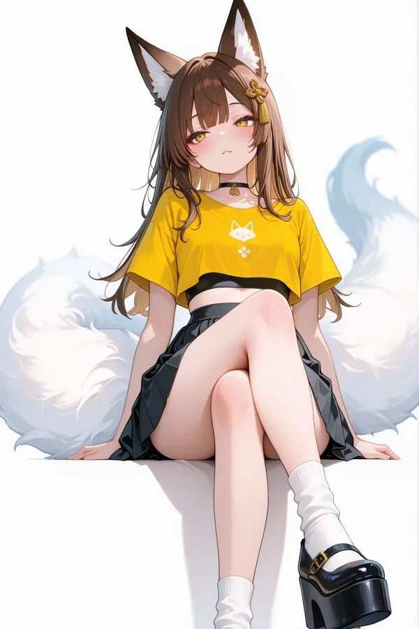 Lumina, the anime fox girl is sitting with her legs crossed.