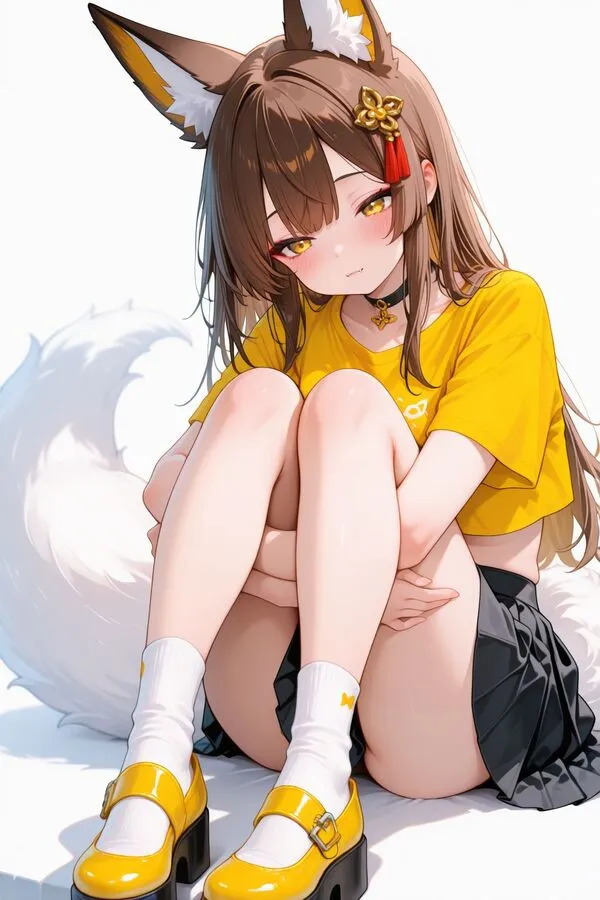 Lumina, the anime fox girl is hugging her own legs.