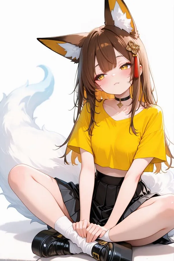 Lumina, the anime fox girl is sitting in indian style, also known as tailor style.