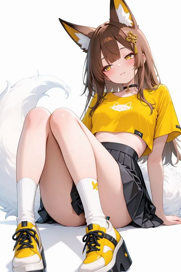 Lumina, the anime fox girl is reclining in a sitting pose.