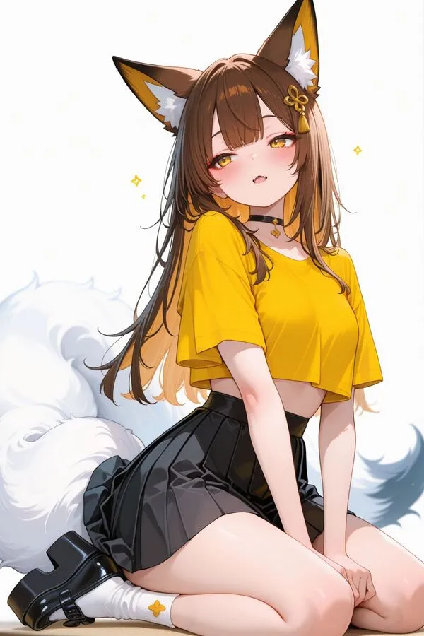 Lumina, the anime fox girl is sitting in seiza pose, kneeling but with feet on the floor.