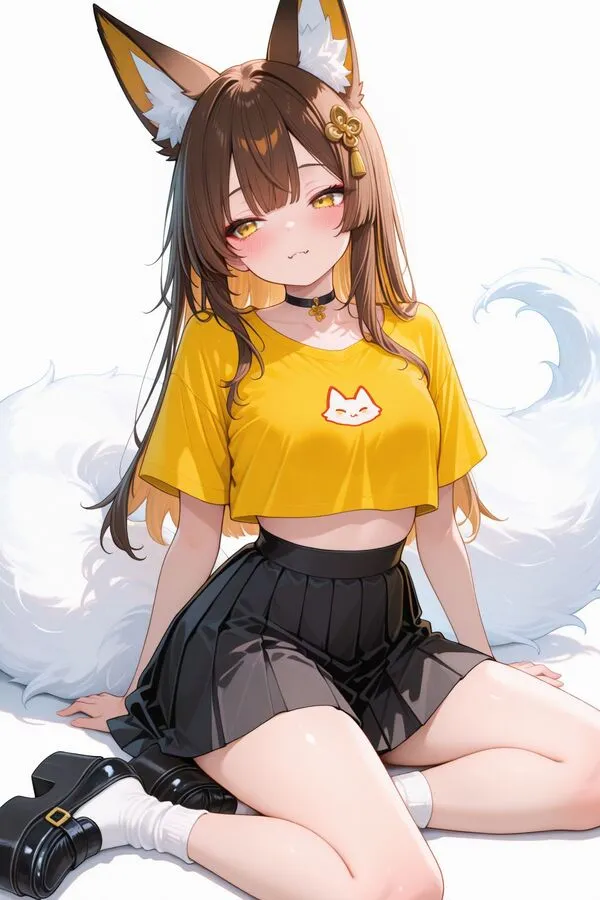 Lumina, the anime fox girl is sitting in yokozuwari pose, on the knees in seiza but with the legs folded out to one side.