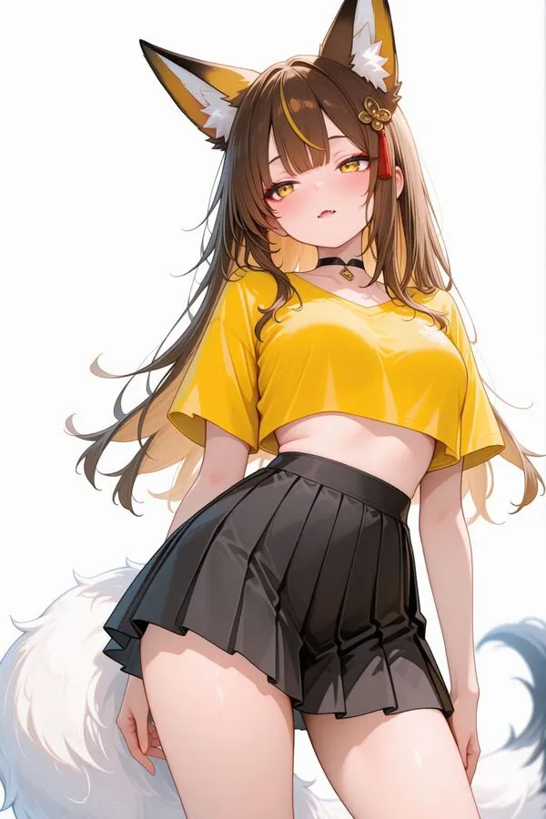 Lumina, the anime fox girl is standing while putting her body weight on one leg, her hip cocked out.