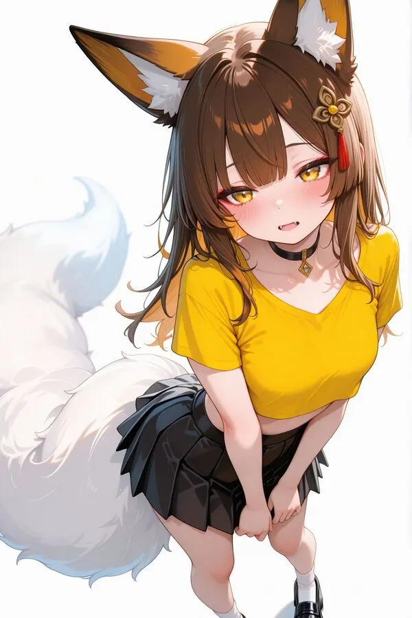 Lumina, the anime fox girl is standing knock-kneed, her legs are forming an X-shape.