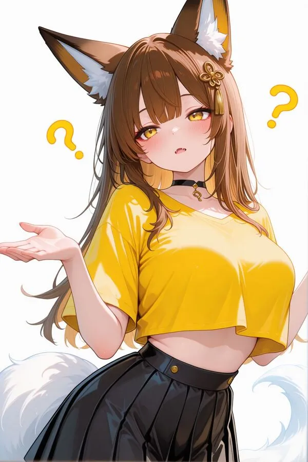 Lumina, the anime fox girl is shrugging her shoulders. There are question marks next to her face.