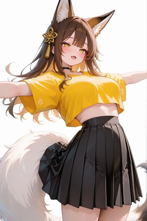 Lumina, the anime fox girl is standing upright with her arms spread out.