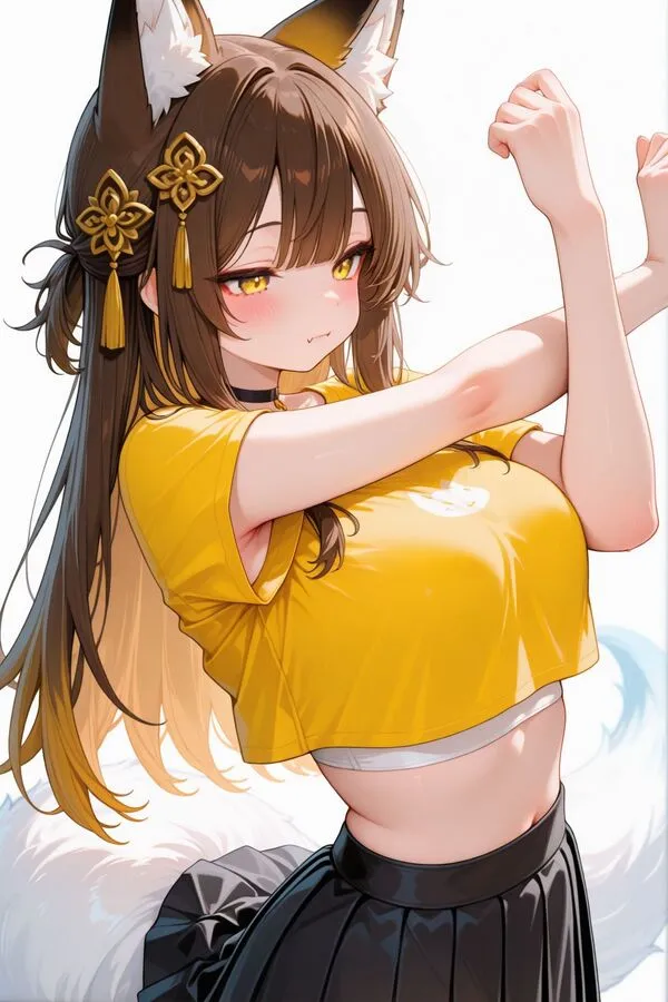 Lumina, the anime fox girl is standing while performing a static stretch.