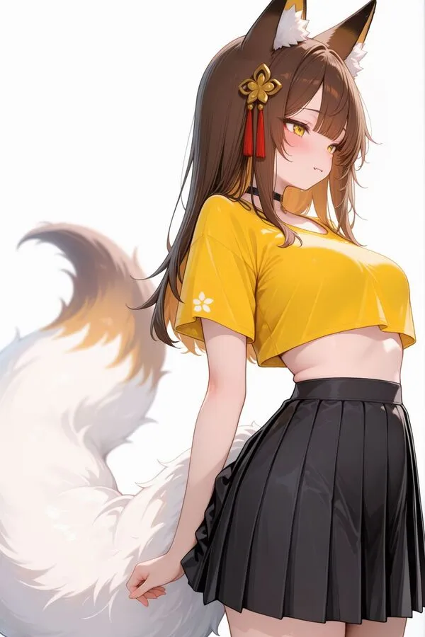 Lumina, the anime fox girl is standing while leaning back without back support.